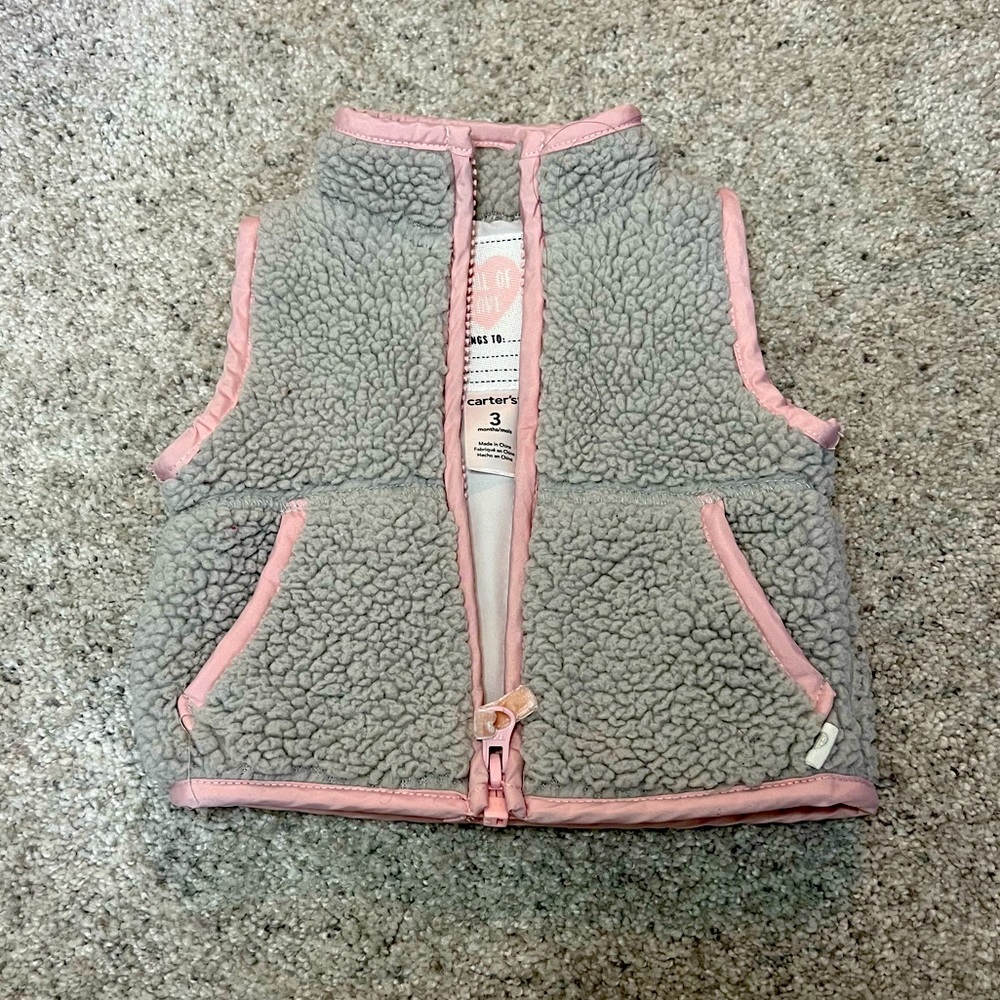 Carters 3mos gray, pink trim Sherpa vest - like new